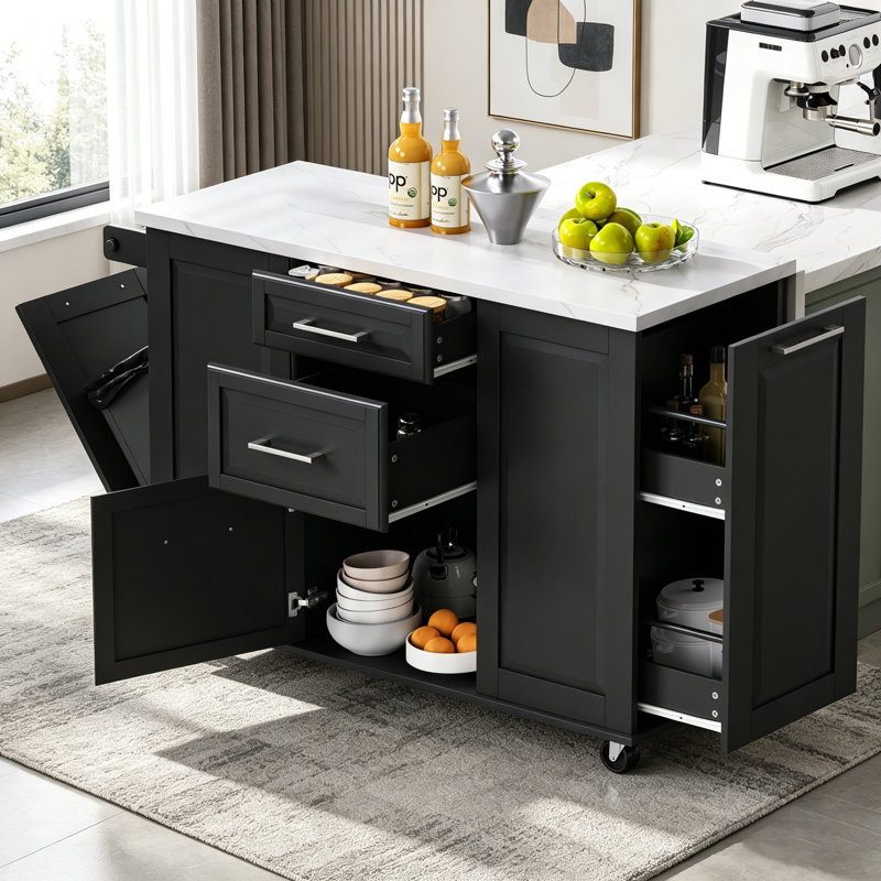 Vintage-Style Rolling Kitchen Island with Storage, Tilt Trash Can Cabinet, and Drop Leaf for Enhanced Functionality, Black