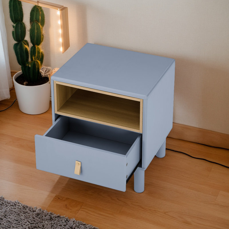 Modern Single Drawer Wood Bedside Table, Compact Nightstand, Nordic Style with Storage, Blue