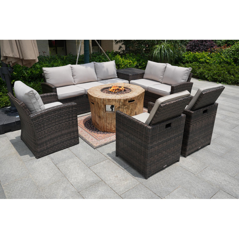 8 - Person Patio Conversation Set with Cushions, Beige, Brown