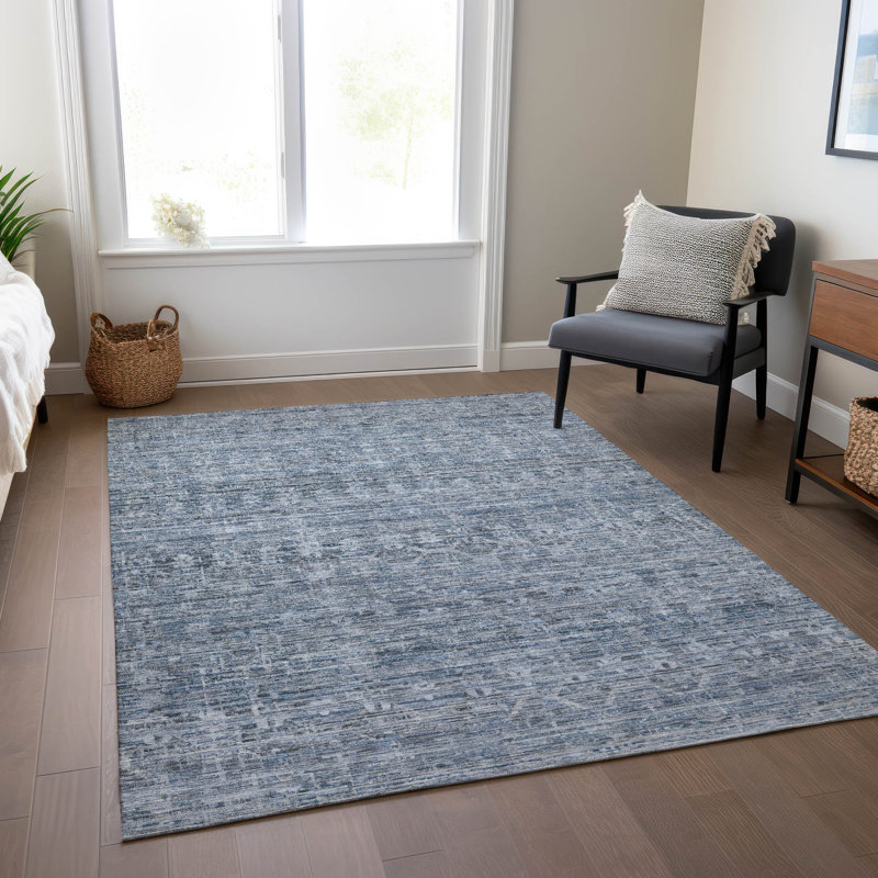 Tapis bleu intérieur / extérieur lavable à la machine Xhevrie, Rectangle 9 pi x 12 pi