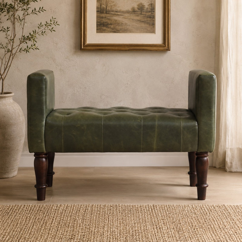 Walnut Green Leather Bedroom Bench