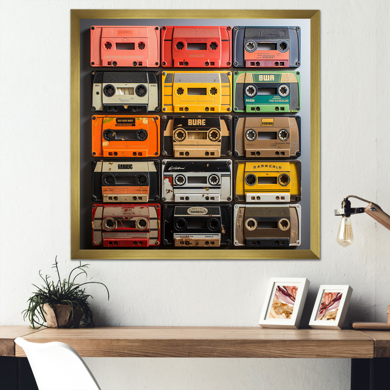 Art mural rétro Cassette Collages IV - Cassette, Cadre doré simple, H 36 po x l 36 po x P 1,5 po