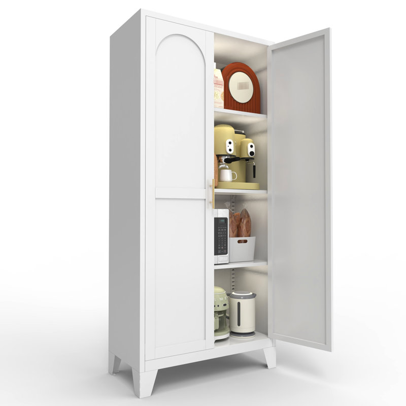 Armoire de rangement en métal 61 po avec 2 portes galbées et tablettes réglables en blanc pour le couloir, la cuisine de la chambre à coucher - utilisation d'acier à haute résistance, acier de conception compacte et amplement d'organisation
