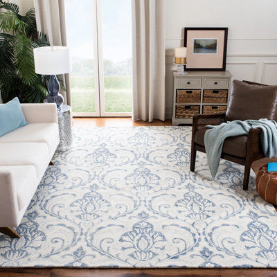 Tapis bleu marine / crème en laine touffeté à la main Hicat Ikat