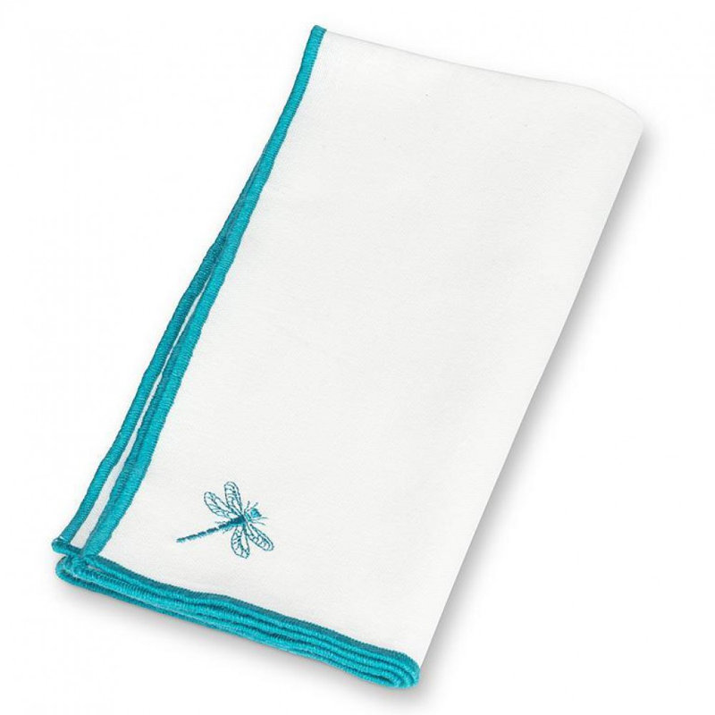 Serviette blanche avec des libellules cousues turquoise et des bords