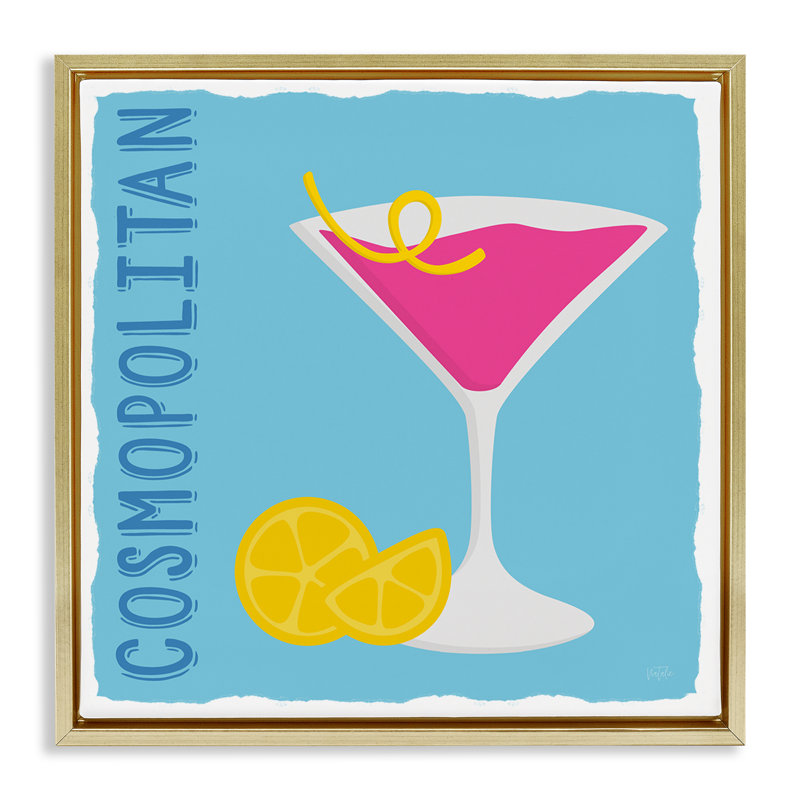 "Cosmopolitan Cocktail Drink Floater", art mural par Natalie Carpentieri, Cadre flottant métallique doré, H 25 po x l 25 po