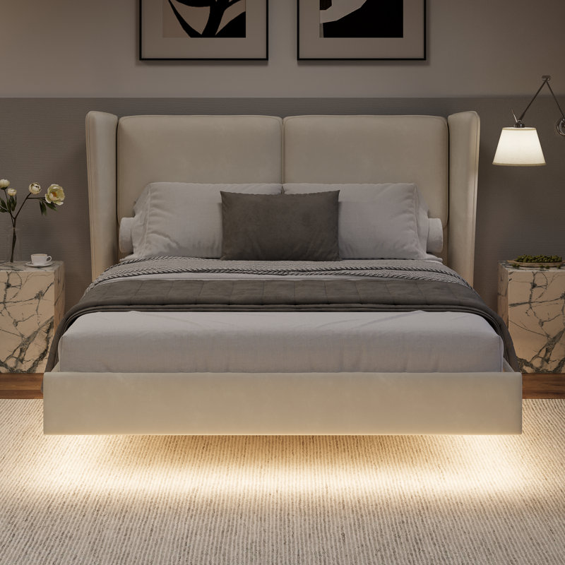 Modern Style Velvet Fabric Floating Bed Frame With LED Lights Wingback Upholstered Bed No Box Springs Needed, Size,, Full