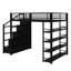 Lit mezzanine double en métal avec tablettes de rangement, armoires et garde-robe spacieuse