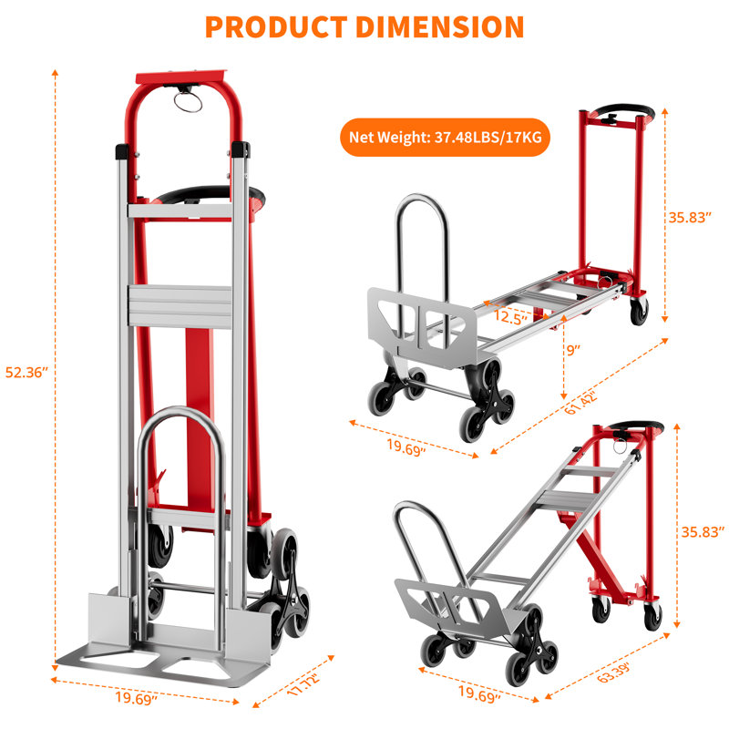 3 in 1 Convertible Aluminum Hand Truck Dolly Cart, 800Lbs Capacity, Stair Climbing Utility Trolley Platform Cart for Transport and Moving in Home, Office, Warehouse, Supermarket