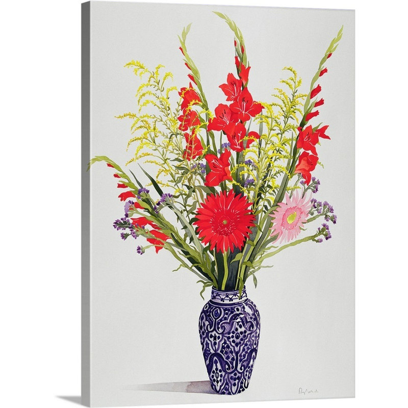 «Tiger Lilies, Gladioli, and Scabious in a Blue Moroccan Vase» par Christopher Ryland, reproduction sur toile, Toile tendue