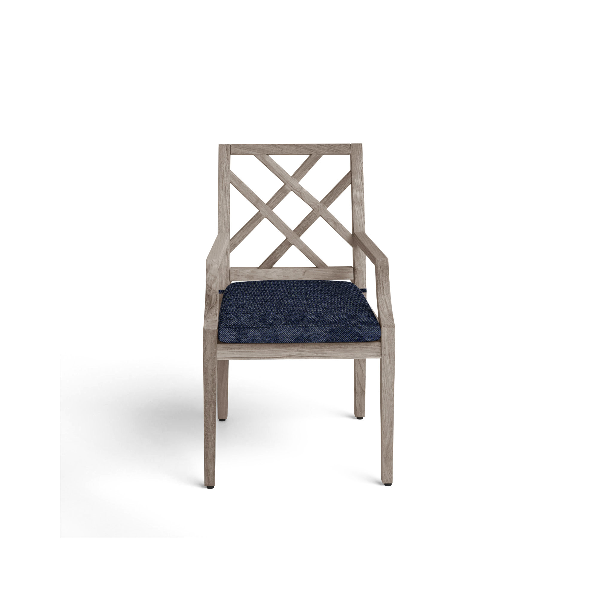 Haley Teak Outdoor Arm Chair Latticework Back, Intermix Indigo, Welt, Oyster Teak