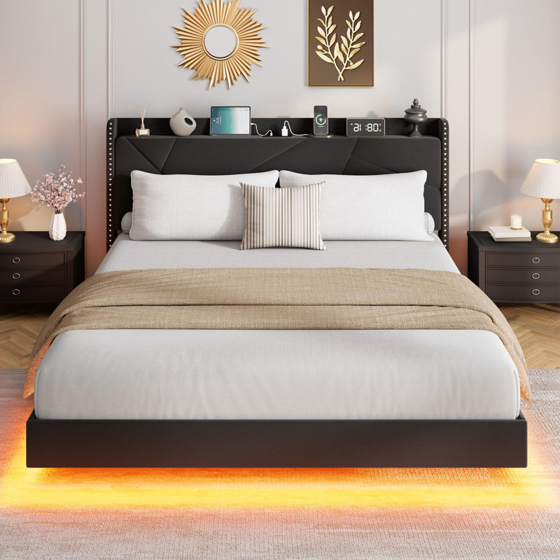 Floating Bed Frame, With RGB LED Lights And Charging Station, Full, Black