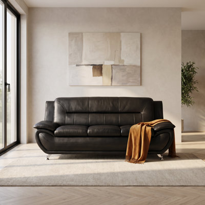 79‘’Black Modern Faux Leather 3‑Seat Sofa with Metal Legs，Solid Wood Frame High‑Density Memory Foam