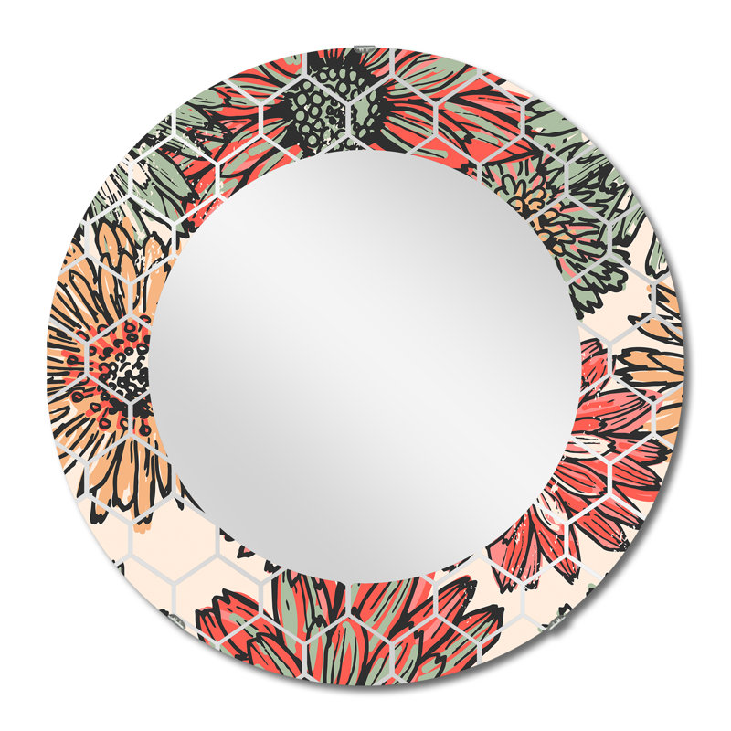 Fleurs rouges rétro - miroir mural traditionnel, 24 po x 24 po