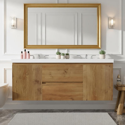Meuble-lavabo double 59,3 po avec comptoir en bois franc, armoire en MDF, portes à fermeture en douceur, tiroirs divisés, meuble-lavabo mural moderne pour les grandes salles de bain