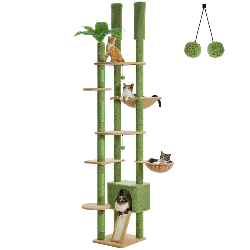Grand arbre à chat, hauteur réglable, avec appartement pour chat, hamac pour chat et poteau à griffer, Vert