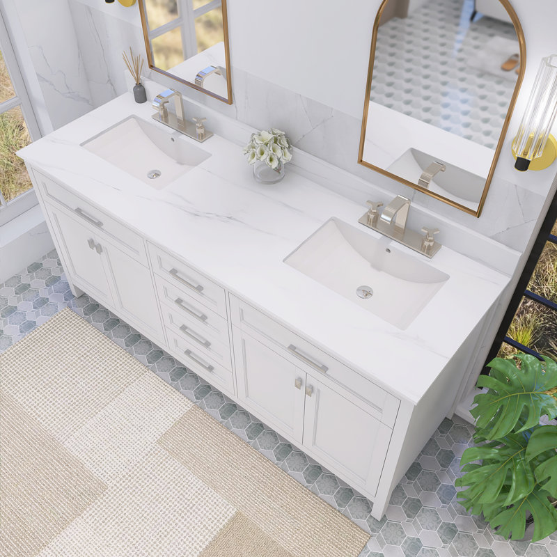 72,6 po X P 22,4 po P x 34 po Meuble-lavabo autoportant H blanc avec plateau en pierre blanche