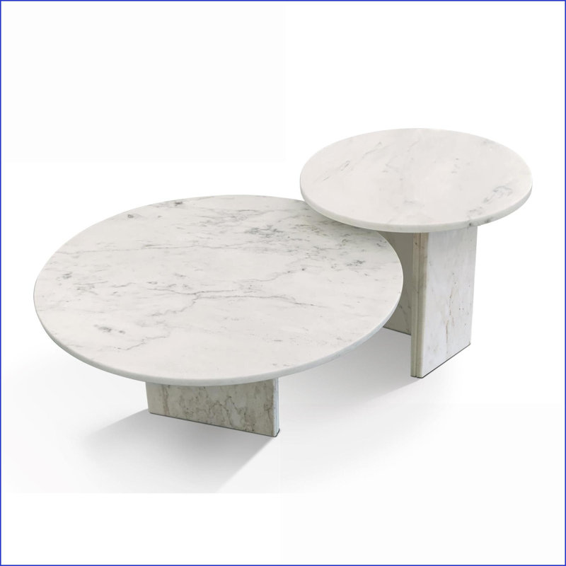 Ensemble de tables basses en marbre blanc naturel Snow Mountain pour salon, 2 tailles semi-polies avec un caractère unique