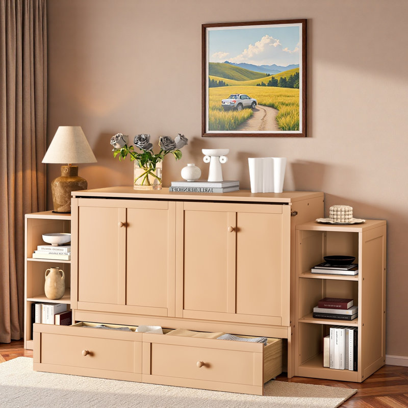 Lit escamotable avec tiroirs de rangement spacieux et tablettes ouvertes, Doré