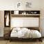 Lit en bois antique avec garde-robe, 3 tiroirs et tablettes ouvertes - garde-robe pleine grandeur optimisée