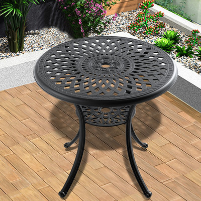 Table d'extérieur 31,11 po en fonte d'aluminium pour les espaces de repas - cadre noir, trou pour parasol, patio 4 plis, 31,11 po