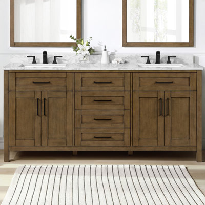 Meuble-lavabo double Tahoe 72 po, couleur Amande Latte, comptoir en pierre reconstituée avec dosseret, quincaillerie noire mate