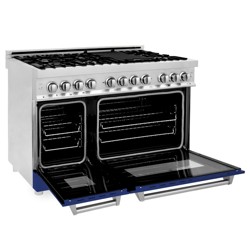 ZLINE 48" Legacy Dual Fuel Range w/ 7 Burner Gas Cooktop and 2 Electric Ovens, Blue Gloss Stainless Steel