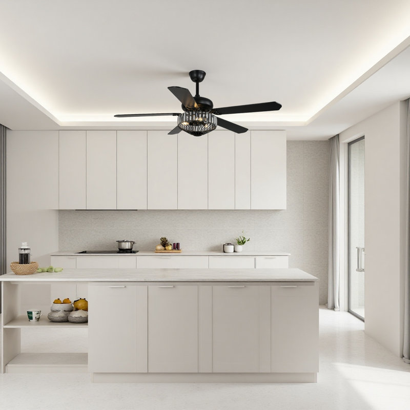 52 po Ventilateur de plafond 5 pales en cristal noir moderne avec lumières, moteur à courant continu à 6 vitesses, télécommande, fixation sur tige