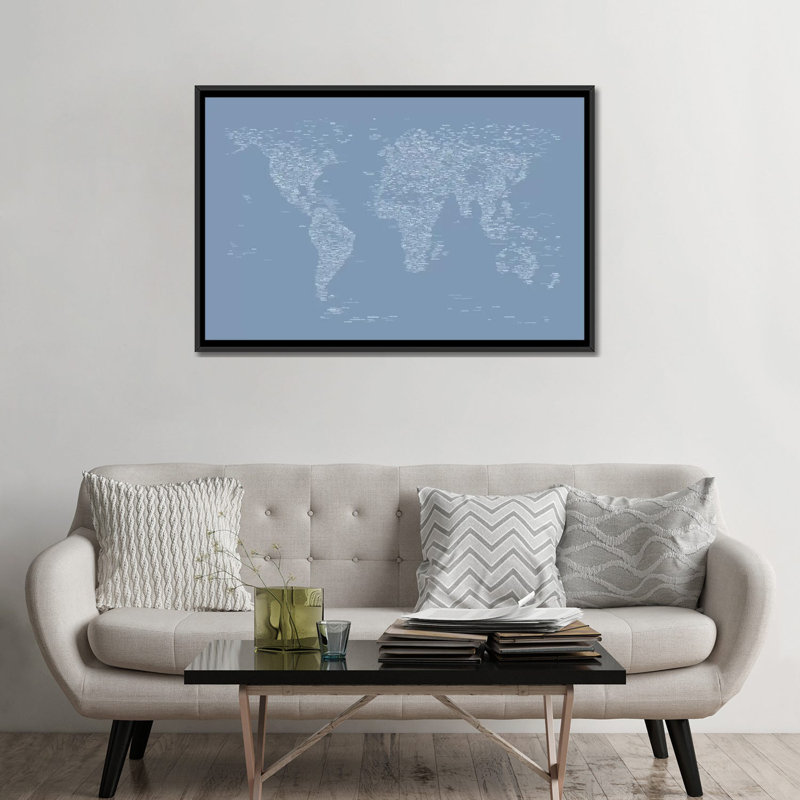 «Font World Map» par Michael Tompsett, impression sur toile tendue en bleu clair, H 18 po x l 26 po x P 1,5 po, Pas de tapis