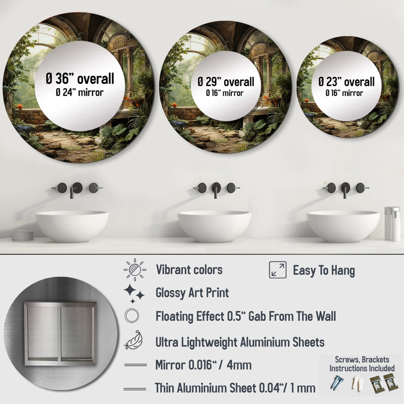 Kamoree Bathroom Natures Retreat I - Bathroom Decorative Wall Mirror, Green Round Mirror, Printed Metal Art, 23" x 23"