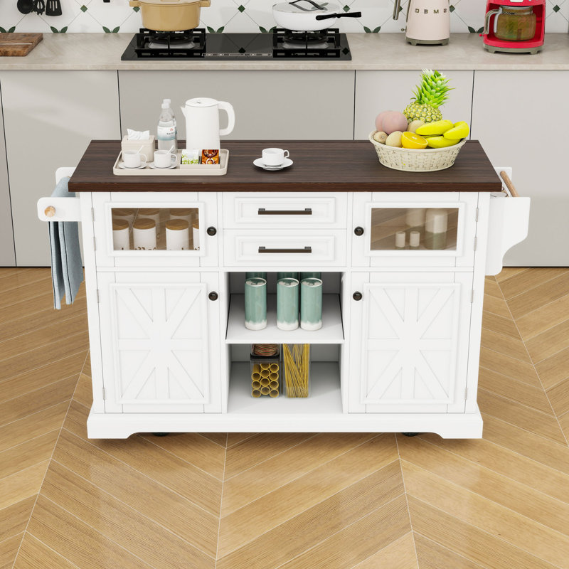 Îlot de cuisine roulant avec abattant, prise de courant, tablettes réglables et armoire de rangement, Blanc