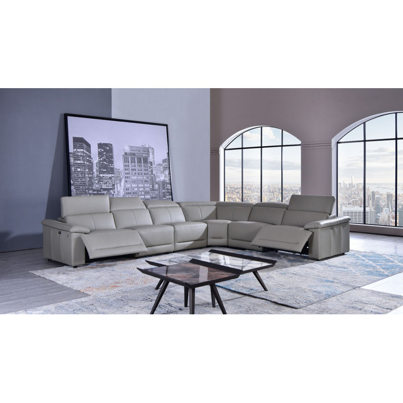 Canapé modulaire 150 po, Cuir véritable gris clair