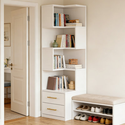 Armoire de rangement en coin en L à 5 niveaux avec 2 tiroirs pour petits espaces