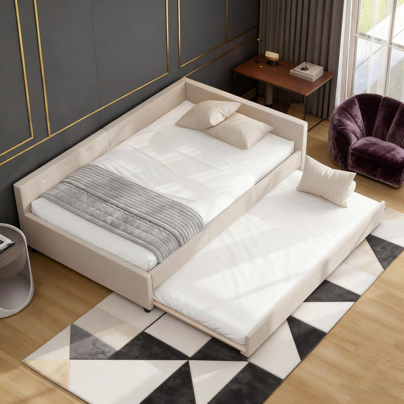 Lit plateforme tapissier avec port USB et lit gigogne simple, Grand lit