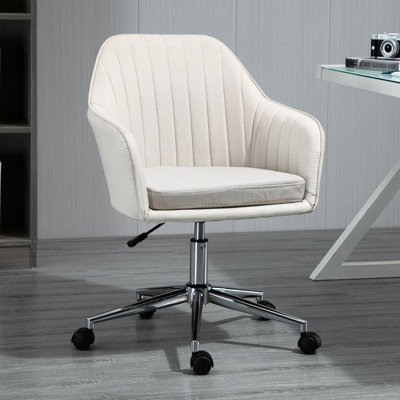 Chaise de bureau à dossier moyen, siège en tissu beige. Hauteur réglable de 18 po à 21,75 po. 360 ° de mobilité. Rembourrage confortable. Forme élégante de la baignoire pour la chambre à coucher et le salon. Peut supporter jusqu'à 265 lb de style chic.