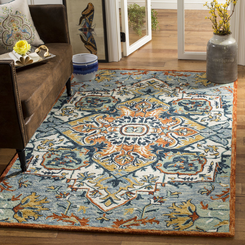 Tapis bleu / rouille en laine / coton touffeté à la main Vahakn, Rectangle 10 pi x 14 pi