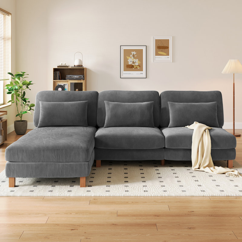 4 Seater Corduroy Sofa & Chaise, Grey