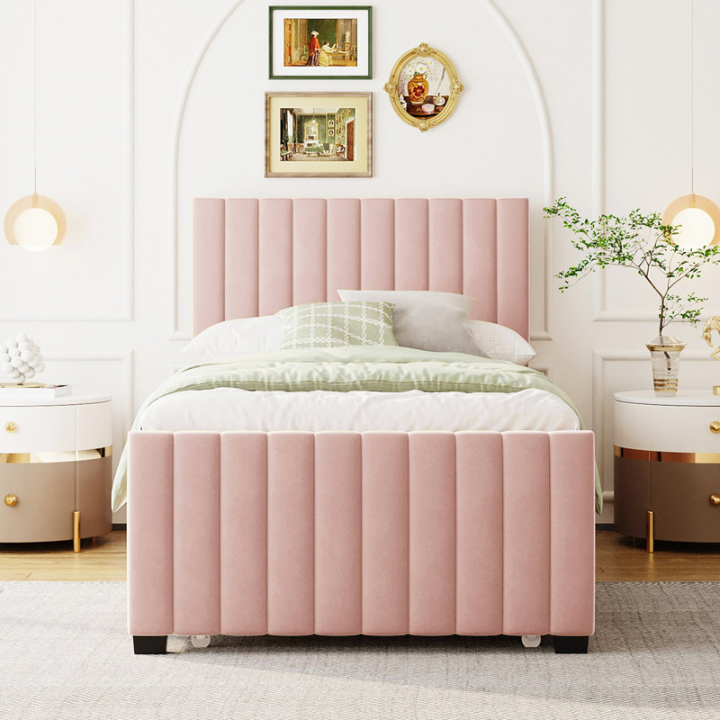 Lit plateforme tapissier en velours avec lit gigogne, Rose