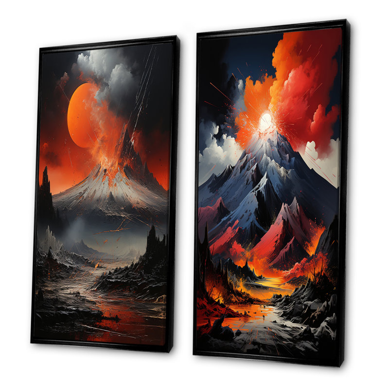 Volcano Explosion volcanique clair de lune - ensemble de salon d'art mural volcanique de 2, Cadre flottant noir