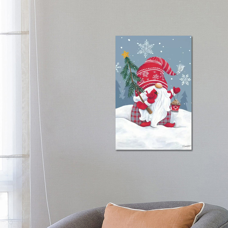 Snowy Gnome With Cardinal by Diane Kater - Print on Canvas, Wrapped Canvas, 66.04 cm H x 45.72 cm W x 1.91 cm D