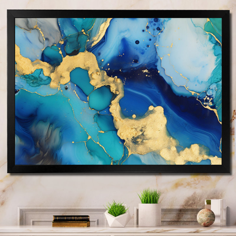 «Blue and Gold Luxury Abstract Fluid Art», reproduction d'art sur toile, H 24 po x l 32 po x P 1 po, Cadre photo noir