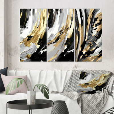 "Rythme de plaisir abstrait noir et or", 3 pièces sur toile