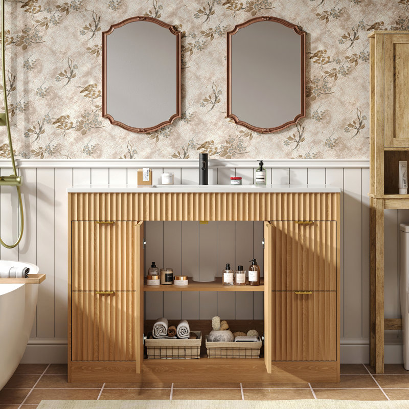 Meuble-lavabo simple en bois avec tiroirs Adonia, Beige