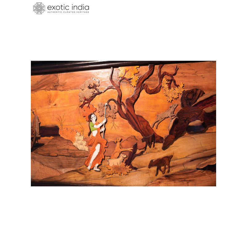 48" Shepherd Lady & Bullock Cart Mysore 3D Wood Inlay Wall Panel - Handcrafted Indian Rustic Folk Art for Living Room