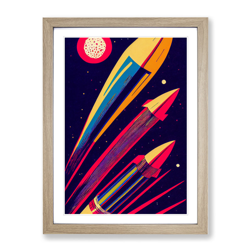 XC1022-3775X Retro Art Spaceship Rockets - Print on Canvas, Oak Framed, 60cm H x 40cm W x 3cm D