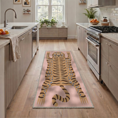 Kai Funky Tiger Animal Print Machine Washable Brown Indoor Area Rug with Non-Slip Backing