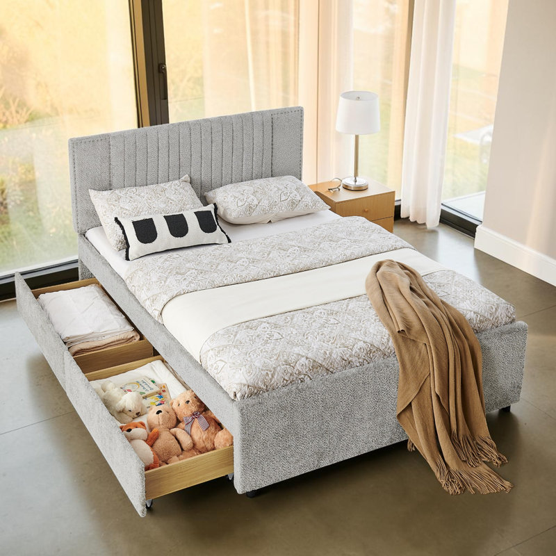 Lit de jour grand avec gigogne gigogne et 2 tiroirs de rangement, structure de lit plateforme en tissu d'ameublement en chenille