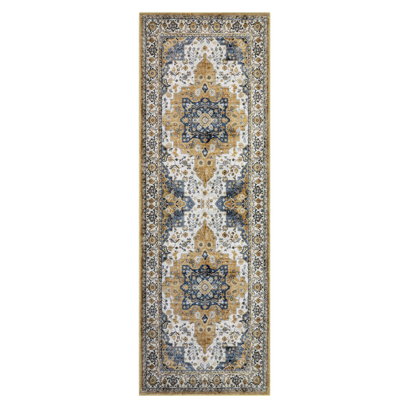 Vintage Machine Washable Rug for Living Room Bedroom Oriental Floral Non-Slip Low Pile Rubber Backing Area Rug for Playroom Office Kitchen Dining Room Dorm and Bedside Decor