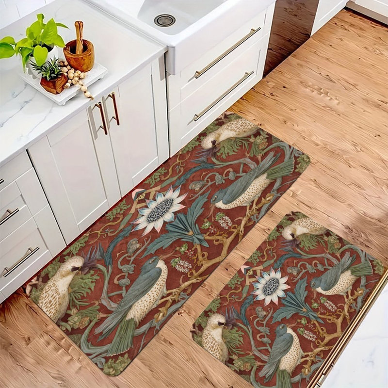 Symmetrical Bird & Flower, Kitchen Mats Set Of 2, Red/White Floral