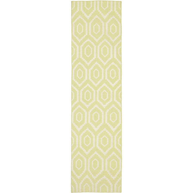 Tapis ivoire / vert en laine et coton tissé à la main Dhurries, Tapis de couloir 2 pi 6 po x 12 pi